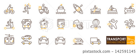 Transport icon collection featuring bicycle bus train boat aircraft truck car motorcycle and travel symbols in editable style Transport icon collection featuring bicycle bus train boat aircraft truck car motorcycle and travel symbols in editable style 142591145