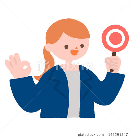 An illustration of a woman in a suit holding a circle (maru) sign. An illustration of a woman in a suit holding a circle (maru) sign. 142591247