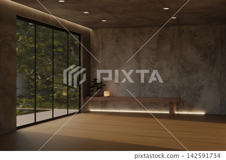 Empty minimalist room with large glass window, loft concrete wall and wooden bench on parquet floor. Empty minimalist room with large glass window, loft concrete wall and wooden bench on parquet floor. 142591734