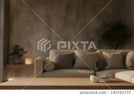 Close up of cozy minimalist living room with wooden sofa table and concrete loft wall in soft light. 142591735