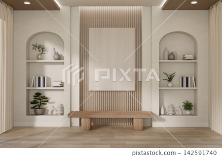 Elegant room with white frame on wall between recessed arch shelves over wooden floor in soft lighting Elegant room with white frame on wall between recessed arch shelves over wooden floor in soft lighting 142591740