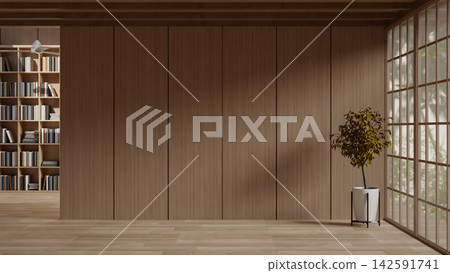 Modern dark wood room interior with built in shelving and grid window in soft lighting. Modern dark wood room interior with built in shelving and grid window in soft lighting. 142591741