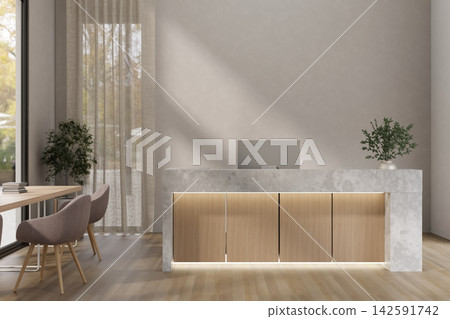 Minimalist lounge room with marble front desk reception counter table with computer on wooden floor. Minimalist lounge room with marble front desk reception counter table with computer on wooden floor. 142591742