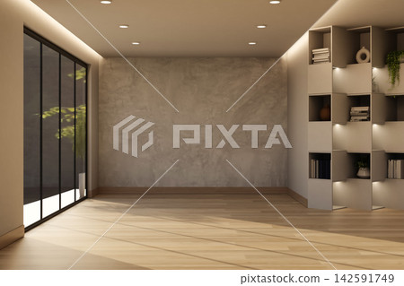 Minimalist room with textured loft concrete wall and built in cube display shelving on wooden floor Minimalist room with textured loft concrete wall and built in cube display shelving on wooden floor 142591749