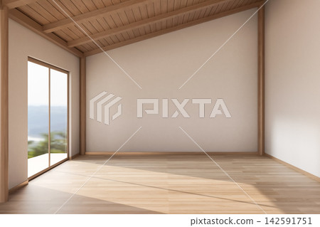 Contemporary empty attic slope ceiling room with wooden floor and panoramic windows Contemporary empty attic slope ceiling room with wooden floor and panoramic windows 142591751