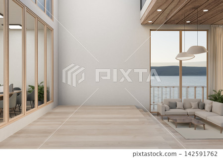 Spacious minimalist room with wooden floor, large windows and a peaceful outdoor view Spacious minimalist room with wooden floor, large windows and a peaceful outdoor view 142591762