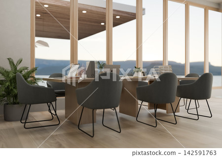 Contemporary office meeting room with wooden table and minimalist chairs beside large window wall. 142591763