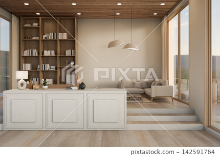 Elegant minimalist room interior with wooden cabinetry counter table beside a lounge on raised floor Elegant minimalist room interior with wooden cabinetry counter table beside a lounge on raised floor 142591764