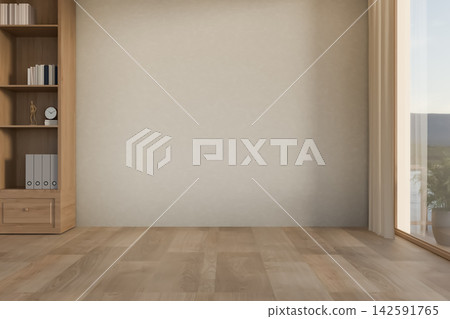 Empty room interior with display shelf on wooden floor, neutral wall and gentle natural illumination Empty room interior with display shelf on wooden floor, neutral wall and gentle natural illumination 142591765
