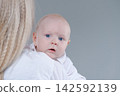 Cute Baby Boy with Blue Eyes Close Up Studio Portrait 142592139