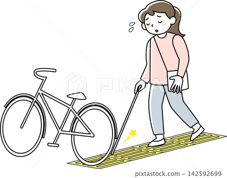 A visually impaired person is having trouble because there is an obstacle on the tactile paving. A visually impaired person is having trouble because there is an obstacle on the tactile paving. 142592699
