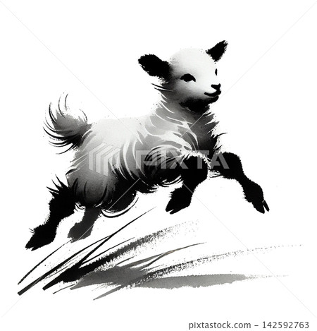 A sumi-e (ink painting) illustration of a running lamb. A sumi-e (ink painting) illustration of a running lamb. 142592763
