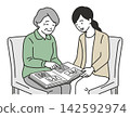 An illustration of an elderly person with dementia and their daughter smiling and reminiscing while looking at an old photo album. 142592974