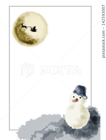 月光下的冬夜雪人圖，水彩風格畫框 142593007