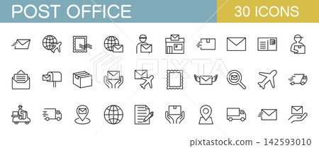 Line icon set related to post offices Line icon set related to post offices 142593010