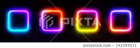 Neon rounded square frames 3d set on dark cyber smoky tech background. Led light glowing rainbow borders, futuristic colorful magic portals, digital cyberpunk graphic elements. 3D illustration Neon rounded square frames 3d set on dark cyber smoky tech background. Led light glowing rainbow borders, futuristic colorful magic portals, digital cyberpunk graphic elements. 3D illustration 142593011
