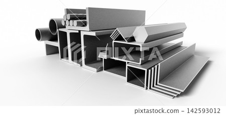 Industrial metal profiles stack. Steel H beams, C channels, square and rectangular tubes, hollow section pipes, stainless hex bar, rebar construction rods isolated on white background. 3D illustration Industrial metal profiles stack. Steel H beams, C channels, square and rectangular tubes, hollow section pipes, stainless hex bar, rebar construction rods isolated on white background. 3D illustration 142593012
