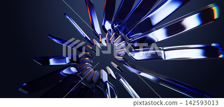 Radial lines 3d background with concentric ring. Glass circle pattern with glowing blue neon light rays, rainbow dispersion on dark bg. Abstract crystal stripes, geometric burst. 3D illustration 142593013