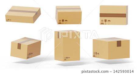 3D realistic cardboard box set isolated on white background. Render closed delivery parcels, brown packages with tape and fragile symbol for shipping, logistics and e-commerce mockup. 3D illustration 142593014
