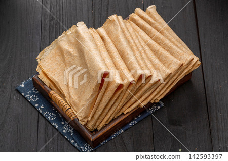 traditional Shandong multigrain crepes wrapped into rolls, authentic Chinese grain tortilla pancakes with dipping sauce. traditional Shandong multigrain crepes wrapped into rolls, authentic Chinese grain tortilla pancakes with dipping sauce. 142593397