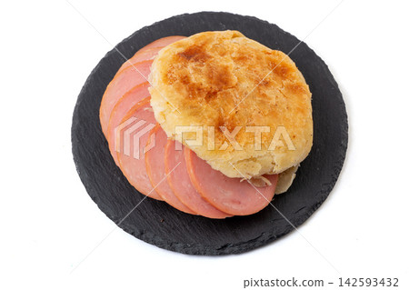 chinese Flatbread Sandwich with Sausage Filling, Street Food Style Shaobing Snack chinese Flatbread Sandwich with Sausage Filling, Street Food Style Shaobing Snack 142593432