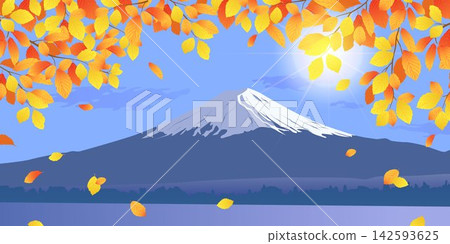 Yellow and orange beech leaves on the backdrop of Mount Fuji. Autumn hornbeam branches. Horizontal vector banner featuring a Japanese landmark. Travel postcard with a view of the lake and mountains. Yellow and orange beech leaves on the backdrop of Mount Fuji. Autumn hornbeam branches. Horizontal vector banner featuring a Japanese landmark. Travel postcard with a view of the lake and mountains. 142593625