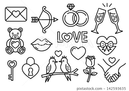 Love and Valentine's Day line icons set. Wedding and romance black outline symbols isolated on white background Love and Valentine's Day line icons set. Wedding and romance black outline symbols isolated on white background 142593635