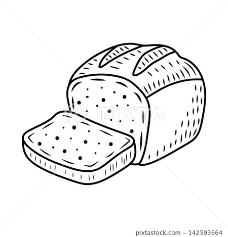 Freshly sliced loaf of bread. Hand-drawn black line art vector illustration isolated on white background. Bakery icon Freshly sliced loaf of bread. Hand-drawn black line art vector illustration isolated on white background. Bakery icon 142593664
