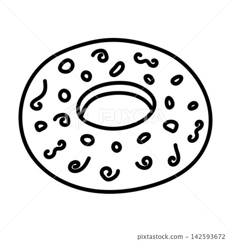Delicious sweet donut with sprinkles and icing. Hand-drawn black line art vector illustration isolated on white background Delicious sweet donut with sprinkles and icing. Hand-drawn black line art vector illustration isolated on white background 142593672
