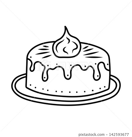 Delicious cake with frosting and cream on top. Hand-drawn black line art vector illustration isolated on white background Delicious cake with frosting and cream on top. Hand-drawn black line art vector illustration isolated on white background 142593677
