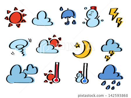 天氣圖示集:太陽、雨傘、雪人、月亮 天氣圖示集:太陽、雨傘、雪人、月亮 142593868