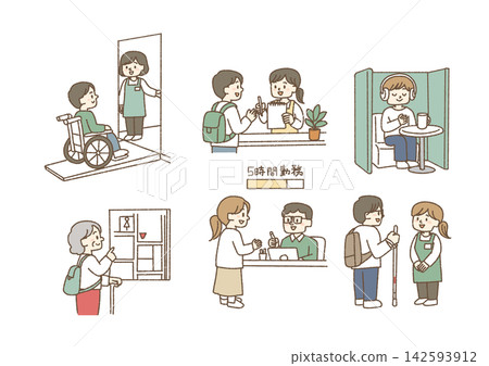 A set of illustrations illustrating reasonable accommodations and various forms of support and customer service for people with disabilities. A set of illustrations illustrating reasonable accommodations and various forms of support and customer service for people with disabilities. 142593912