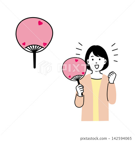 An illustration of a woman holding a fan to cheer on her favorite idol, with text space on the fan. An illustration of a woman holding a fan to cheer on her favorite idol, with text space on the fan. 142594065
