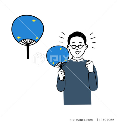 一幅插圖,描繪了一名男子手持扇子為他最喜歡的偶像加油助威,扇子上留有文字空間。 一幅插圖,描繪了一名男子手持扇子為他最喜歡的偶像加油助威,扇子上留有文字空間。 142594066