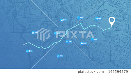 Shared mobility map with vehicle battery levels. Light blue city fleet tracking. Vector illustration. Shared mobility map with vehicle battery levels. Light blue city fleet tracking. Vector illustration. 142594279