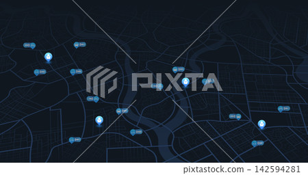 Ride share availability map with user and vehicle pins. Dark mode night tracking. Vector illustration. Ride share availability map with user and vehicle pins. Dark mode night tracking. Vector illustration. 142594281