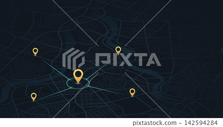 Central hub location map with connecting lines. Radar search radius on dark city grid. Vector illustration. Central hub location map with connecting lines. Radar search radius on dark city grid. Vector illustration. 142594284
