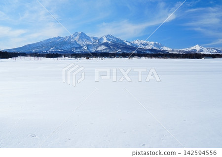 新潟縣妙高市妙高山脈的冬季景色，前景是一片潔白無瑕的雪地。 142594556