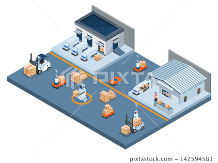 Isometric Smart Warehouse with AGVs, AMRs and Automated Logistics Robots Isometric Smart Warehouse with AGVs, AMRs and Automated Logistics Robots 142594581