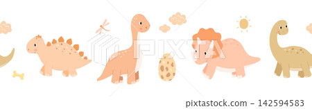 Cute baby dinosaurs seamless border in pink colors. Repeating nursery banner for kids. Vector isolated illustrations Cute baby dinosaurs seamless border in pink colors. Repeating nursery banner for kids. Vector isolated illustrations 142594583