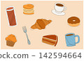 Illustrations of various breads and coffee, drawn in a single stroke. 142594664