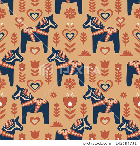 scandinavian folk seamless pattern with dala horses and floral motifs scandinavian folk seamless pattern with dala horses and floral motifs 142594731