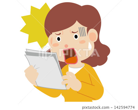 Illustration of a woman surprised by an invoice or document (high bill, price increase, household budget management) 142594774