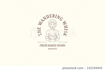 Female Pastry Chef Holding Bread Bakery Logo Vector Template 142594945