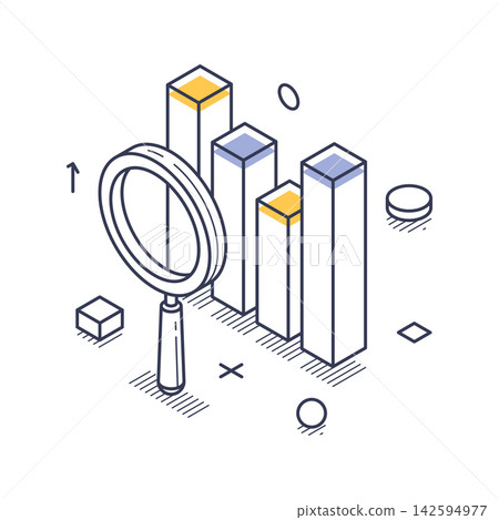 Data Analysis And Market Research With Bar Chart And Magnifier Isometric Vector Illustration 142594977