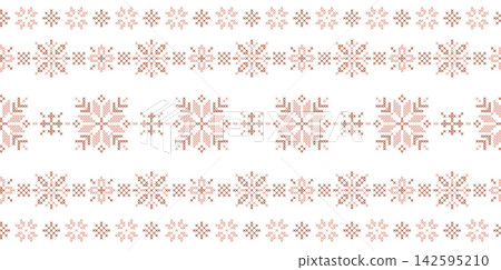 Geometric Christmas cross stitch seamless pattern vector illustration with brown and pink folk snowflake borders, minimal Scandinavian winter holiday embroidery frame on white background Geometric Christmas cross stitch seamless pattern vector illustration with brown and pink folk snowflake borders, minimal Scandinavian winter holiday embroidery frame on white background 142595210