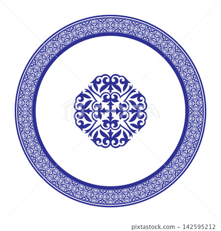 Oriental round porcelain plate with floral pattern. Ethnic Asia ornament Kazakh, Kyrgyz, Mongol, Buryat, Turkmen. For sandblasting, ceramic, household utensil, textile, embroidery, plate Oriental round porcelain plate with floral pattern. Ethnic Asia ornament Kazakh, Kyrgyz, Mongol, Buryat, Turkmen. For sandblasting, ceramic, household utensil, textile, embroidery, plate 142595212