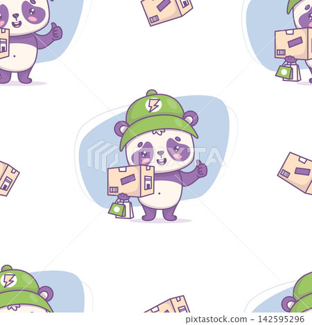 Kawaii Courier Panda Delivery Seamless Pattern. Cute Mascot Character with Parcel Box, Shopping Bags and Thumbs Up On White Background. Vector Illustration Texture for Ecommerce Packaging and Fabric. Kawaii Courier Panda Delivery Seamless Pattern. Cute Mascot Character with Parcel Box, Shopping Bags and Thumbs Up On White Background. Vector Illustration Texture for Ecommerce Packaging and Fabric. 142595296