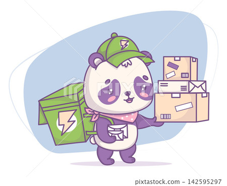 Kawaii Panda Courier Mascot Carrying Thermal Box Bag and Stack of Parcels with Letters. Cute Delivery Bear Character with Heavy Food Order Load and Delivering Package Shopping. Vector Illustration. Kawaii Panda Courier Mascot Carrying Thermal Box Bag and Stack of Parcels with Letters. Cute Delivery Bear Character with Heavy Food Order Load and Delivering Package Shopping. Vector Illustration. 142595297