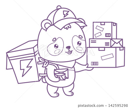 Outline Kawaii Panda Courier Mascot Carrying Thermal Box Bag and Stack of Parcels with Letters. Cute Delivery Bear Character with Heavy Food Order. Line drawing, coloring page. Vector Illustration. Outline Kawaii Panda Courier Mascot Carrying Thermal Box Bag and Stack of Parcels with Letters. Cute Delivery Bear Character with Heavy Food Order. Line drawing, coloring page. Vector Illustration. 142595298